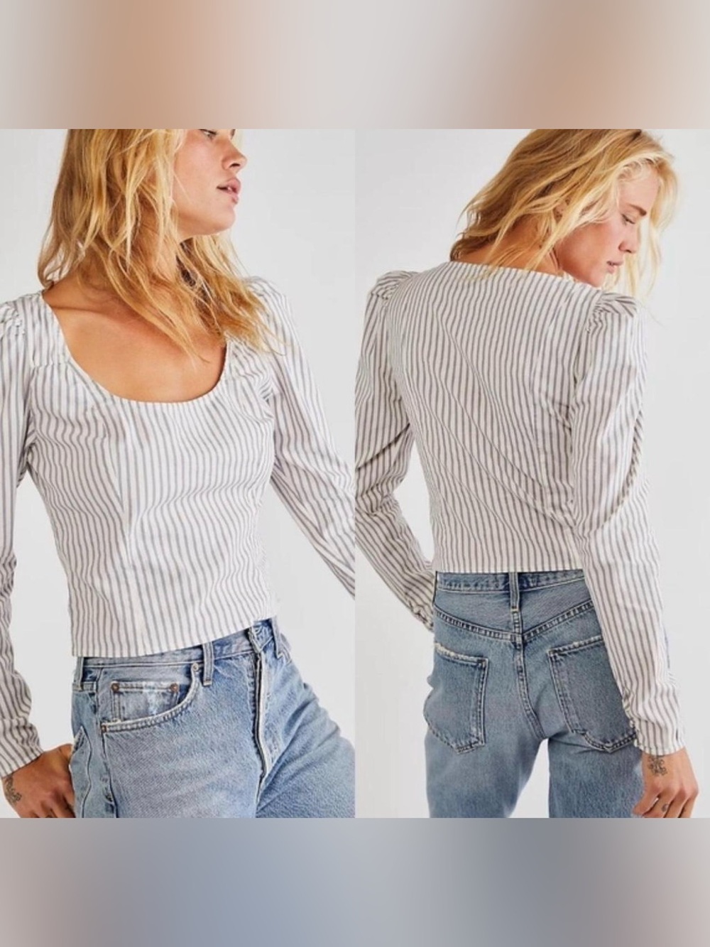 NWT Free People Caroline Stripe Top Printed Puff Sleeve Blouse Boat Neck Large L